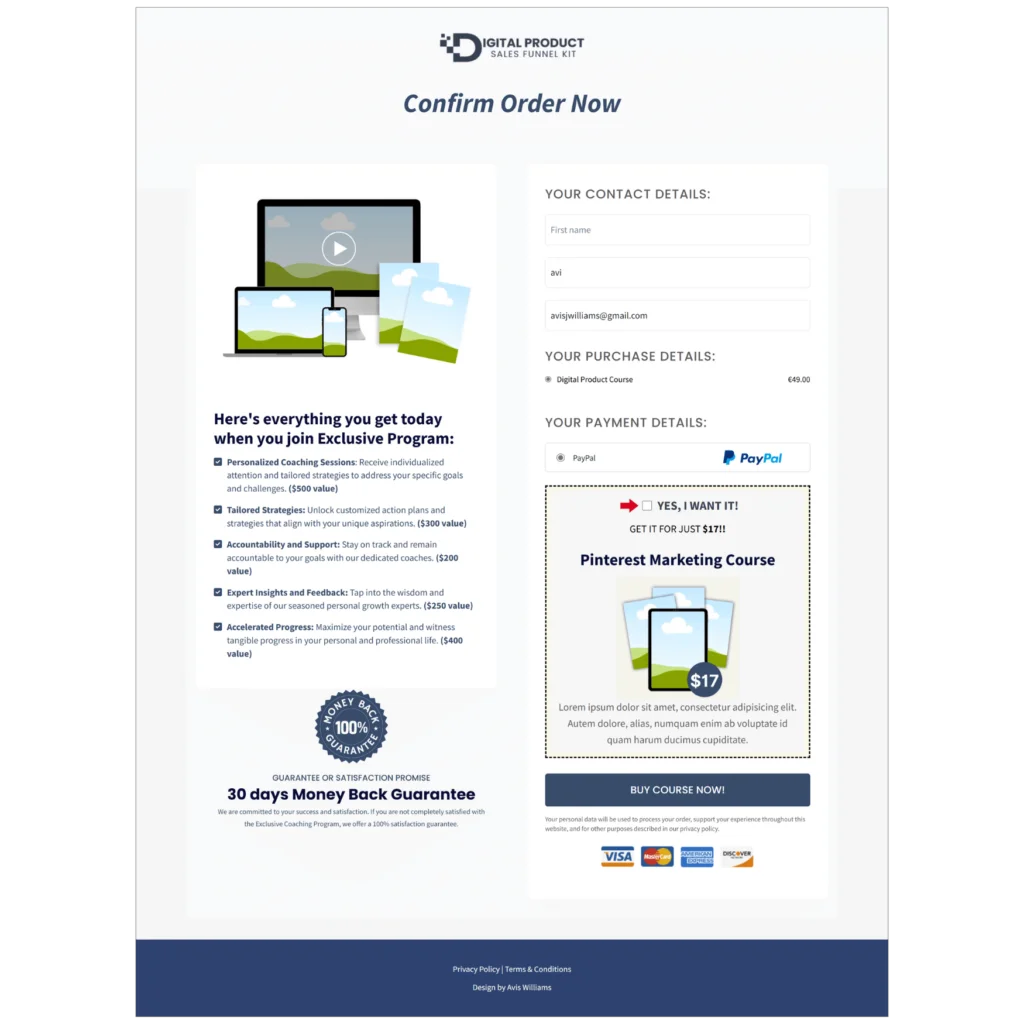 digital product sales funnel order page systeme io template